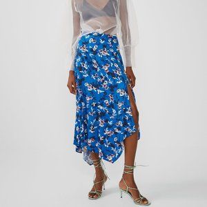 NWT ZARA Asymmetrical Floral Midi Skirt Blue LARGE